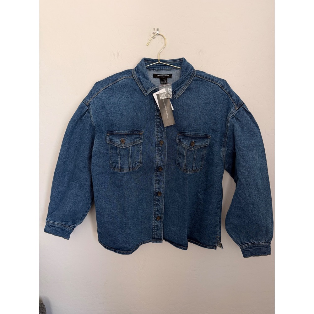 French Connection Penelope Puff Sleeve Denim Shirt Jacket Medium Wash Blue S NWT